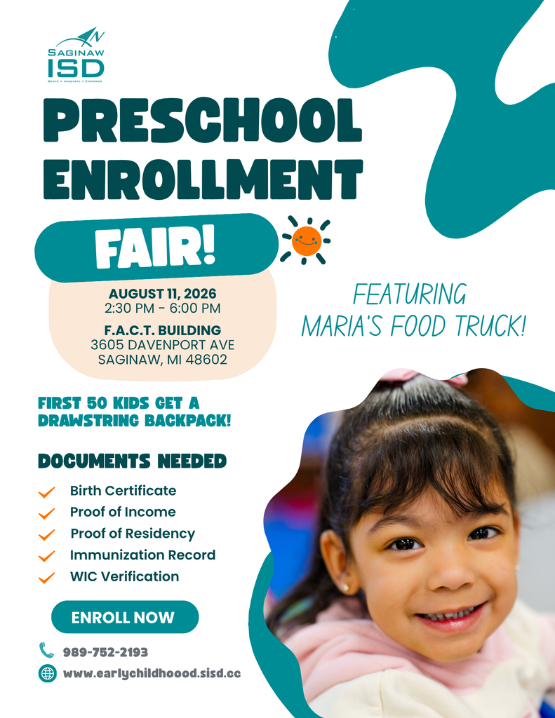 Preschool enrollment event. Date: August 11, 2025. Time: 2:30-6:00 PM. Location: F.A.C.T. Building. Features include Maria's food truck. Documents needed: Birth Certificate, Income Proof, Residency Proof, WIC Verification Record.