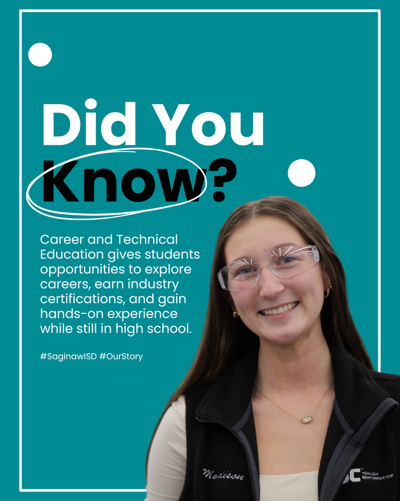 Green background with white text. Woman wearing glasses smiles. "Did You Know?" text above her. Below, "Career and Technical Education gives students opportunities..."