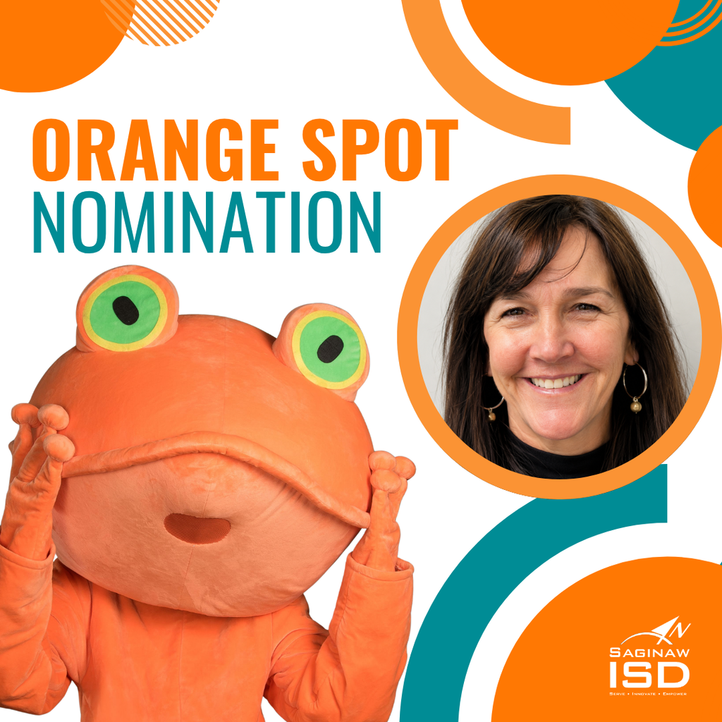 A mascot in an orange frog costume holds up a face-sized cutout. A smiling woman appears in a circle. Text reads "Orange Spot Nomination".