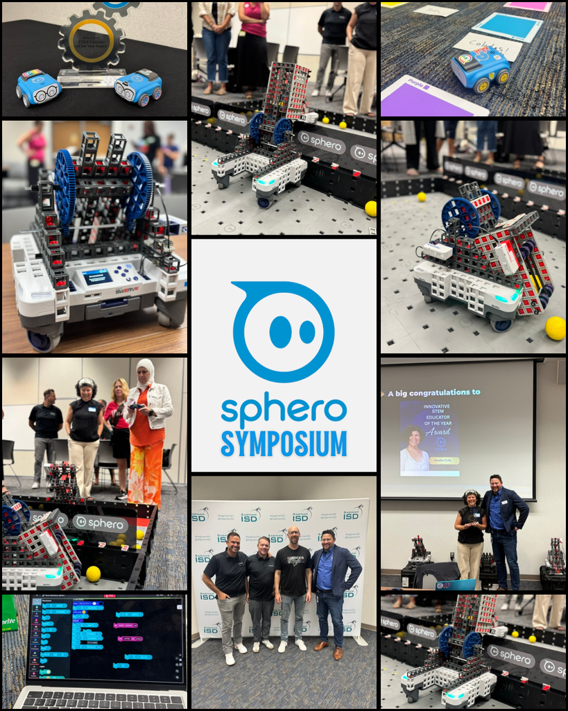 Photo collage from the Sphero Symposium at Saginaw ISD featuring educators participating in hands-on robotics activities. Images show Sphero Blueprint creations, indi robots using color-coded programming cards, BOLT+ coding, the Sphero team with Saginaw ISD staff, and the presentation of an Innovative STEM Educator of the Year award. The center of the collage features the Sphero Symposium logo.