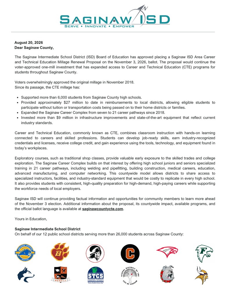 A letter from Saginaw ISD discusses the Career Technical Education (CTE) proposal. It mentions student support, career exploration, and industry connections. Logos of various sports teams are visible.