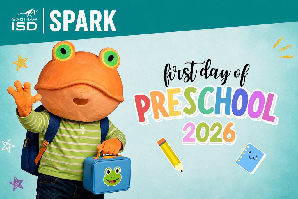 A frog mascot holds a lunchbox and pencil case, with "First Day of Preschool 2026" text. Blue and green background with stars and icons.