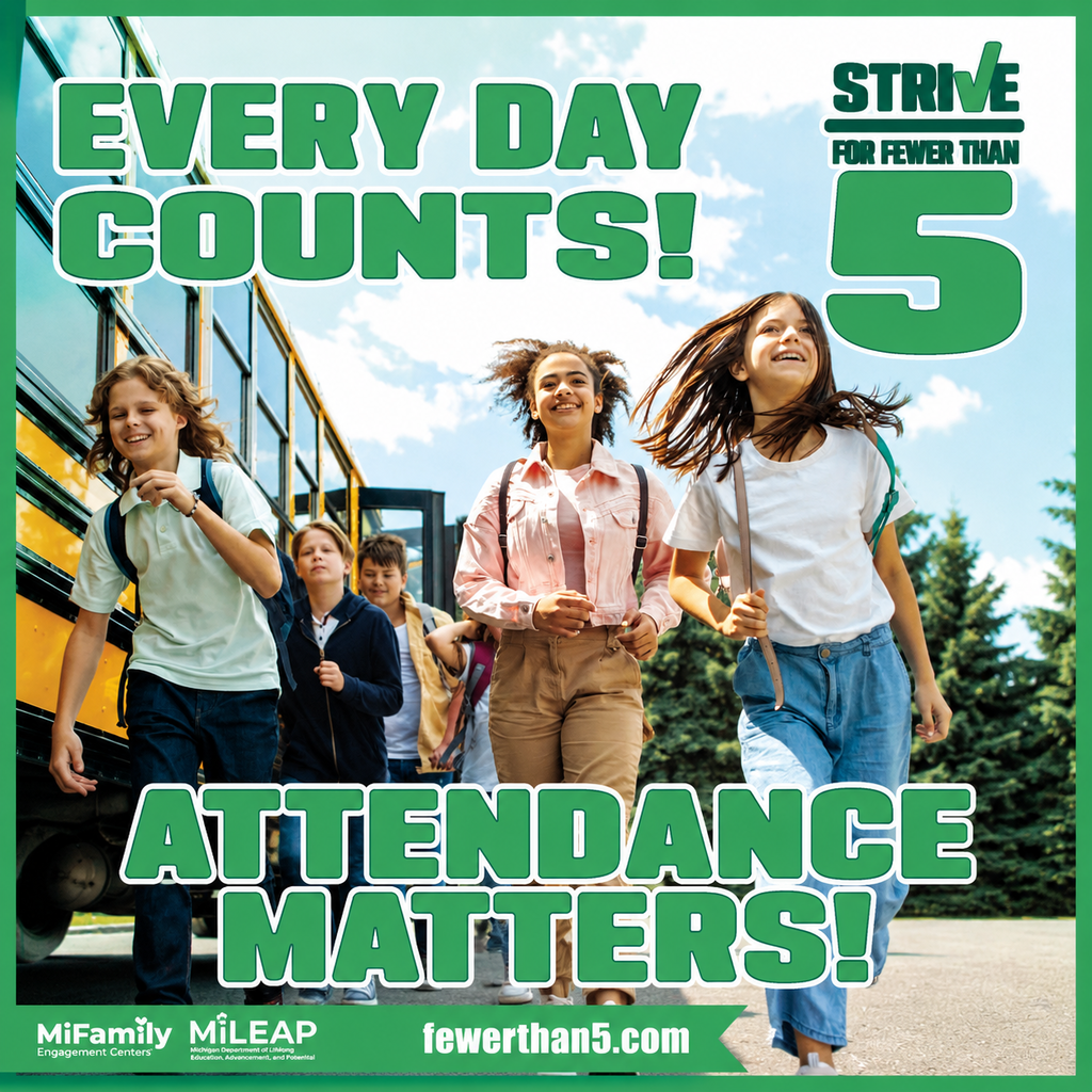 Children walk away from a yellow school bus. The text reads "Every day counts! Attendance matters!"