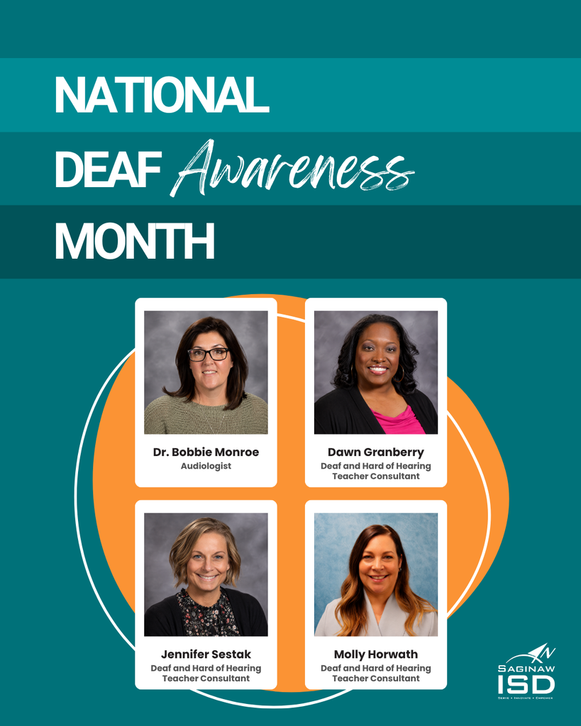 Four female educators' headshots on teal and blue background. Text reads "National Deaf Awareness Month".