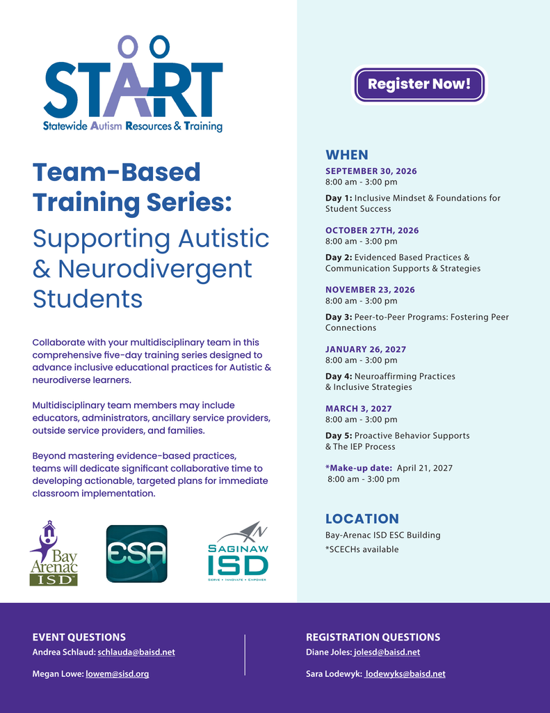 Event flyer with "START" in blue at top, "Team-Based Training Series" heading, dates, and "Register Now!" button.