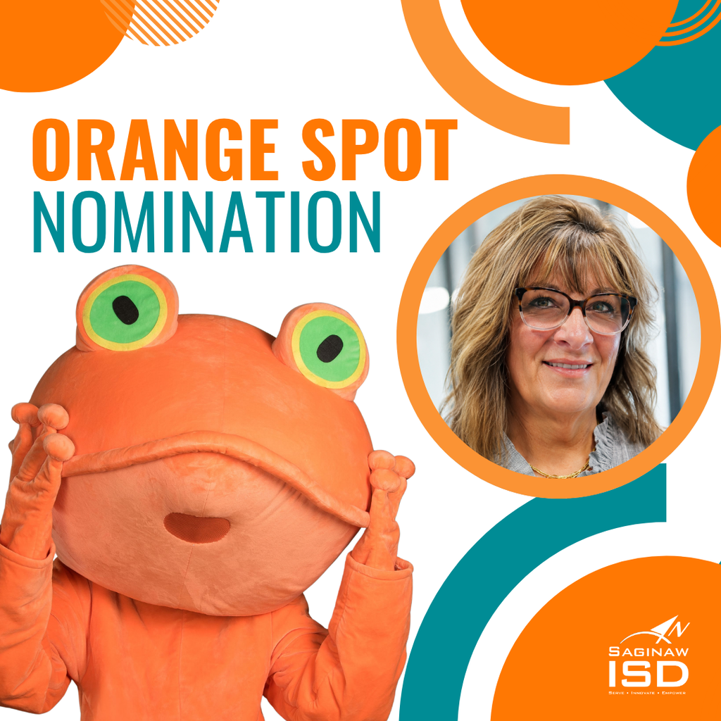 A poster shows a frog mascot with orange spots, holding up an award nomination. A woman wearing glasses is featured.
