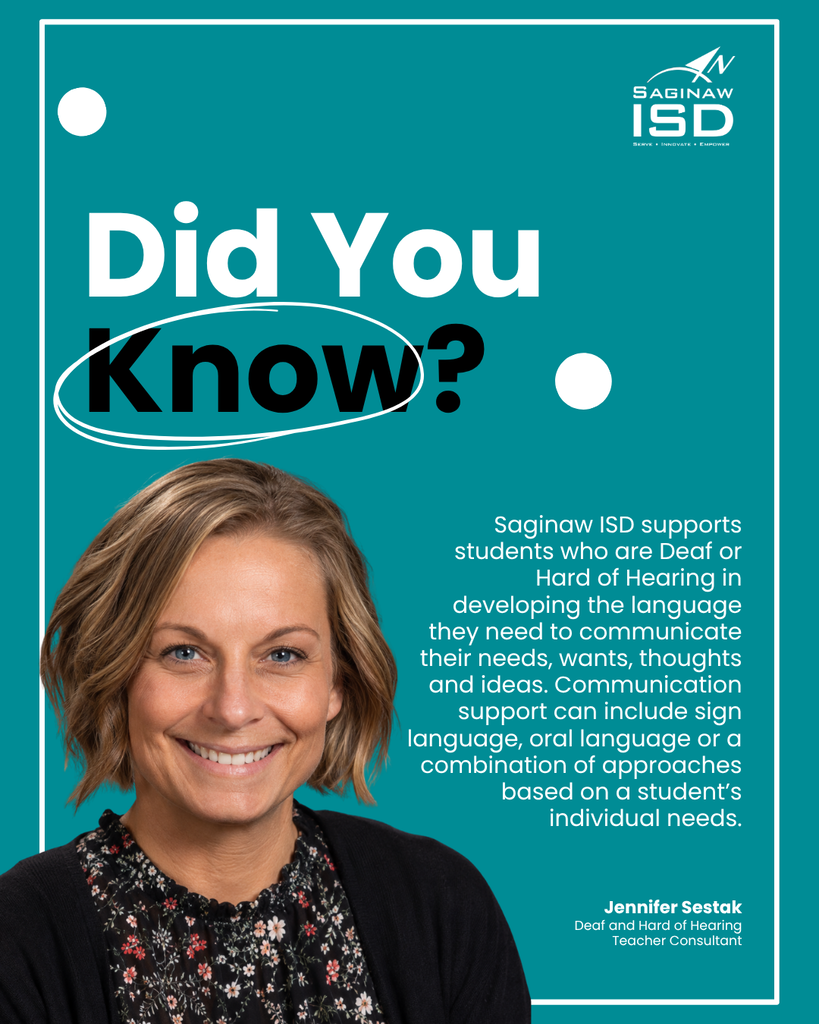 An image with a blue background. A smiling woman in the center. Text reads "Did You Know?" and information about students who are Deaf or Hard of Hearing.