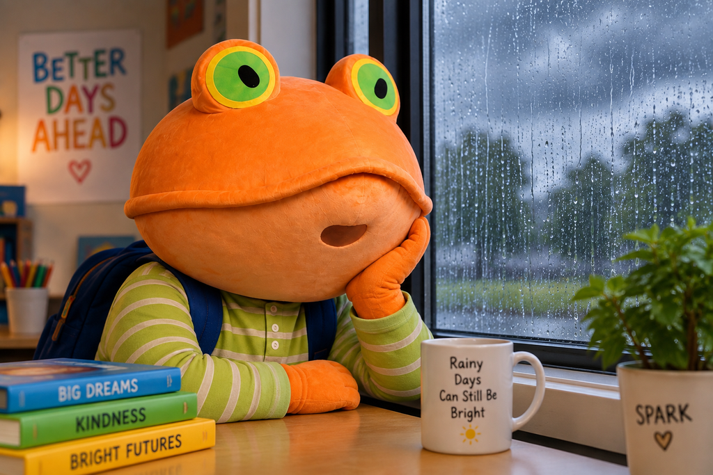 A plush toy sits at a desk with books and a mug. The mug reads "Rainy Days Can Still Be Bright".
