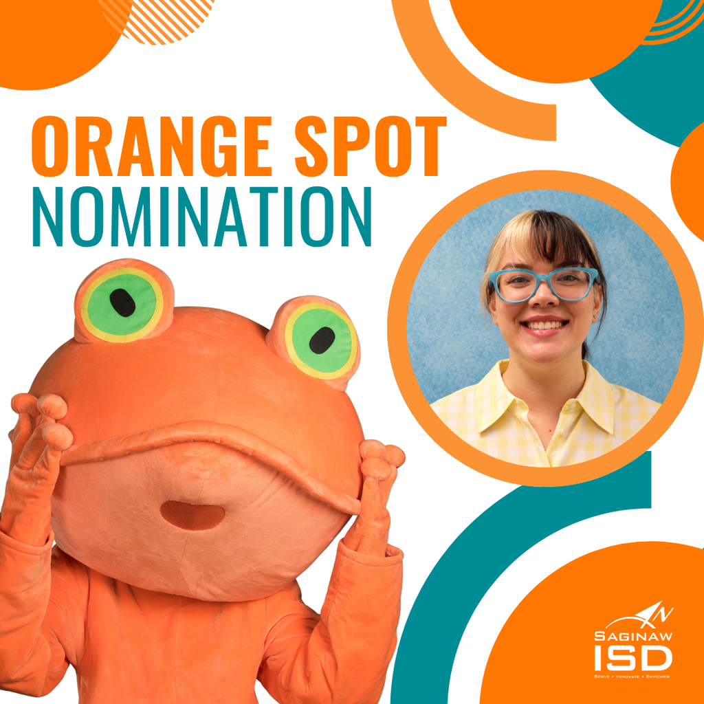 Bright orange mascot with green eyes holds up face, next to a smiling person in a yellow shirt. Text reads "ORANGE SPOT NOMINATION".
