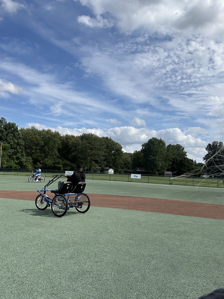 A person in a three-wheeled wheelchair rides on a green court, with another rider in the distance. Trees surround the area.