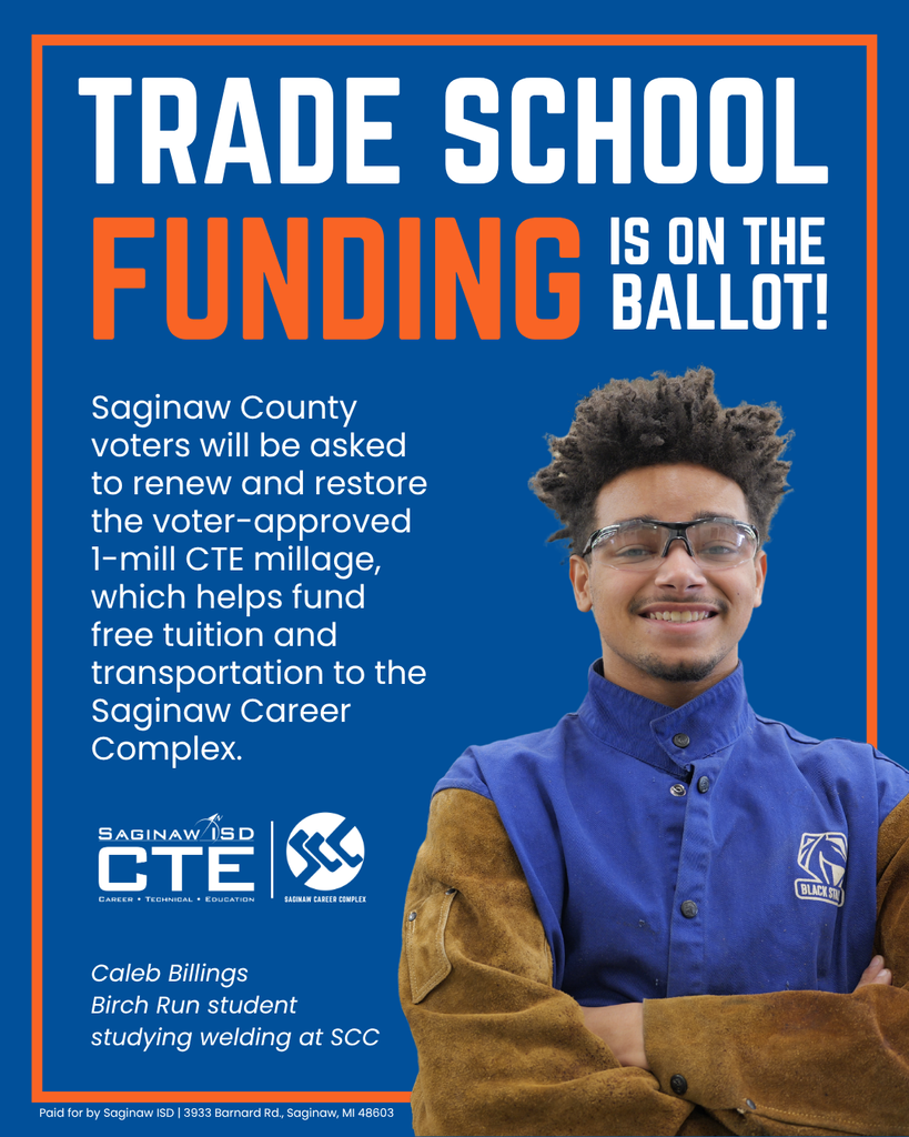 Blue background with white text. A man in a blue shirt and brown gloves poses with a smile. The poster discusses trade school funding.