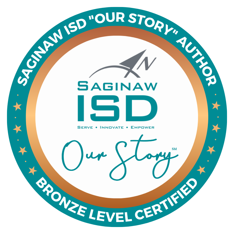 A round badge with blue and white design. It says "Saginaw ISD" in the middle with "Our Story" below it.