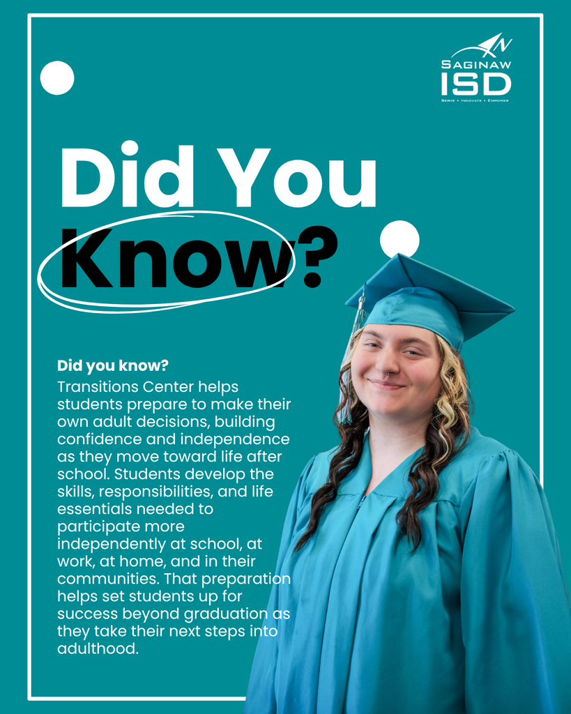 Poster displays a smiling female in a graduation cap and gown. Text reads, "Did You Know?" and offers information about Transitions Center.
