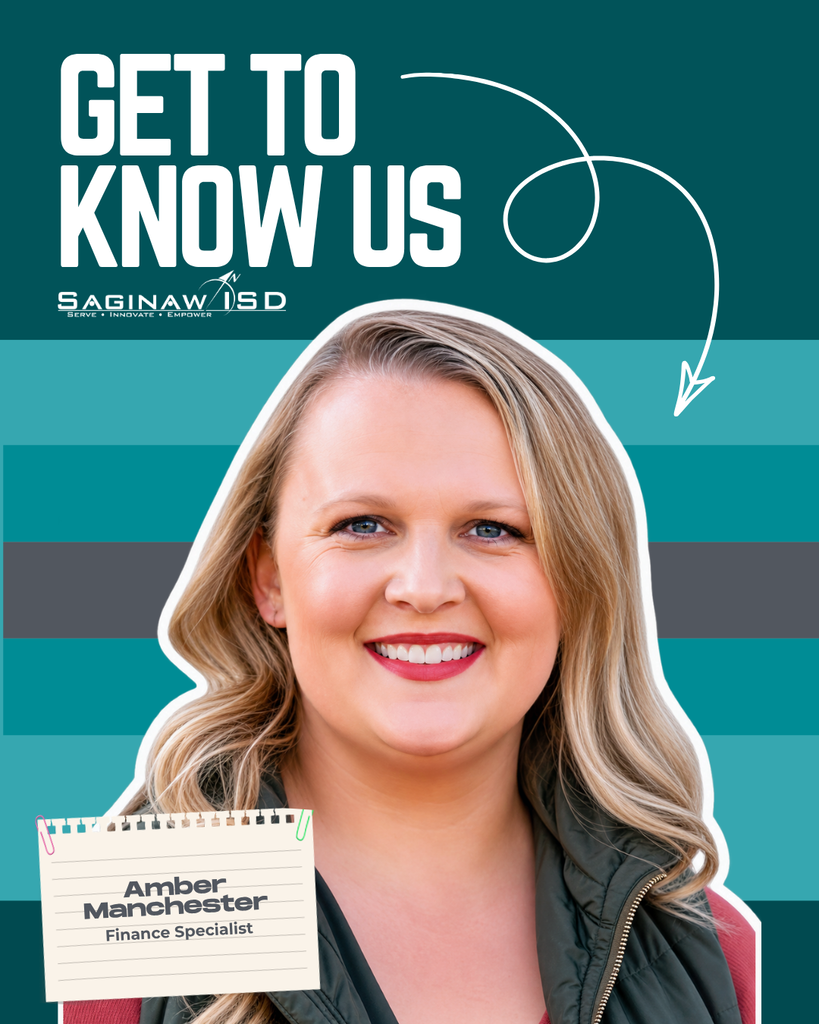 A smiling woman with blonde hair holds a card labeled "Amber Manchester, Finance Specialist". Text reads "GET TO KNOW US" with "Saginaw ISD" below. Background is blue and gray.