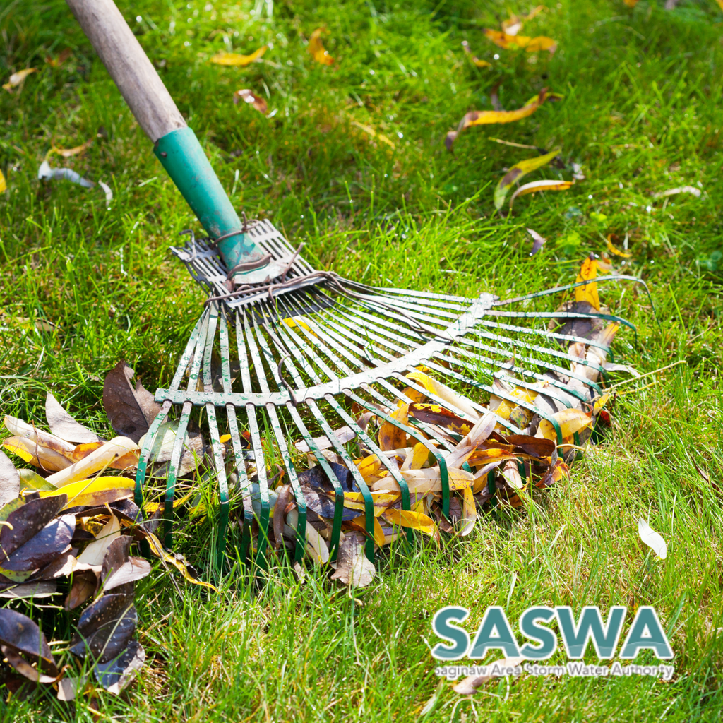 A leaf rake with a green handle, partly covered in autumn leaves, lies on a lawn.