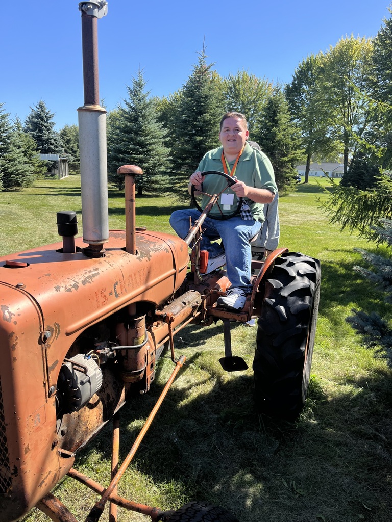 Person in green shirt and jeans sits on old orange tractor in a field with tall trees.
