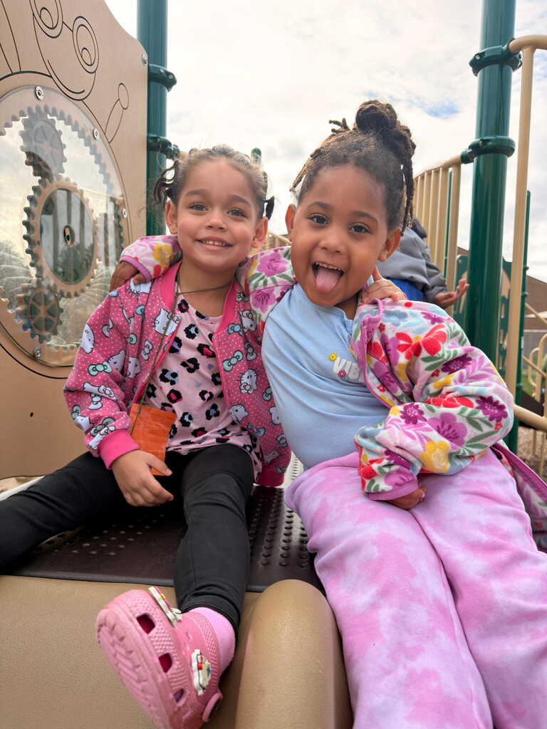 Two young girls sit on a playground slide, smiling. One wears a pink jacket, and the other a blue shirt.