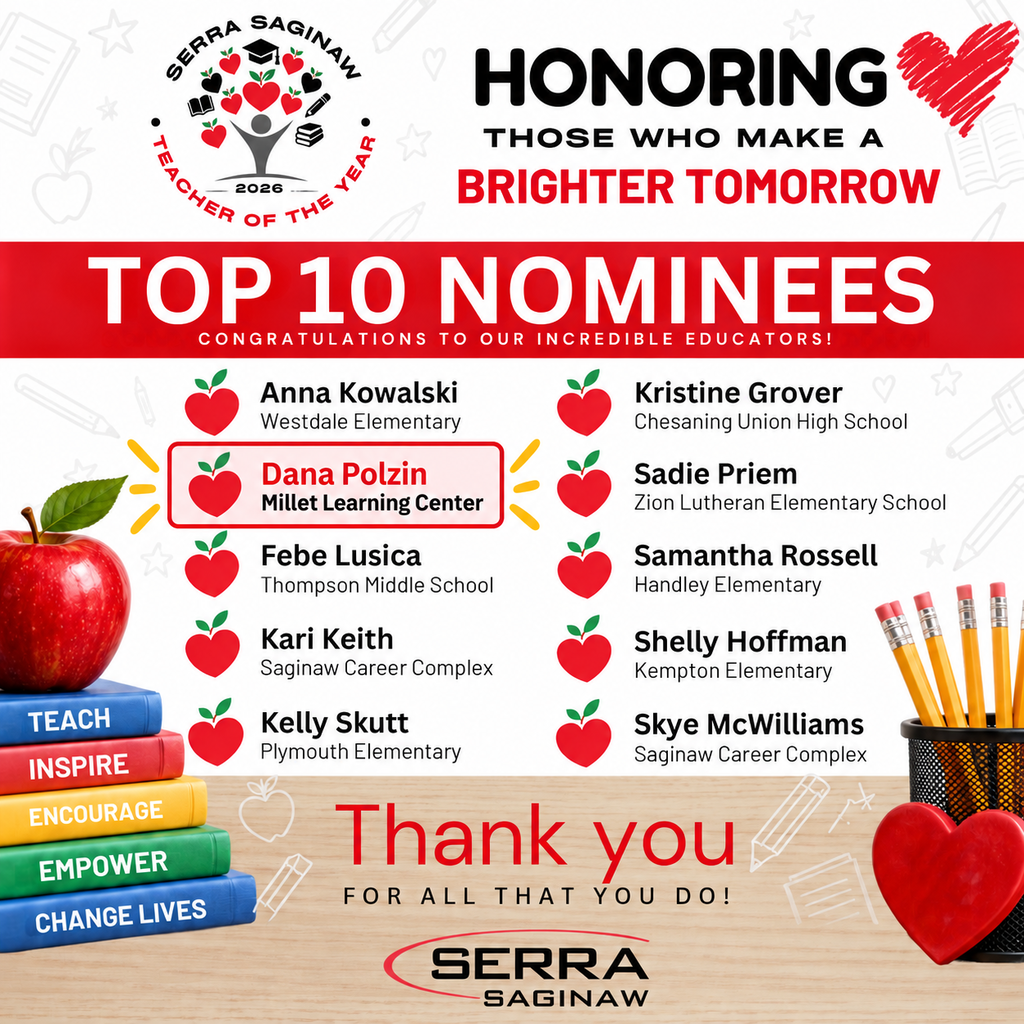 A list of top 10 nominees with names and institutions. Apple, books, pencils, and a heart on a wooden surface.