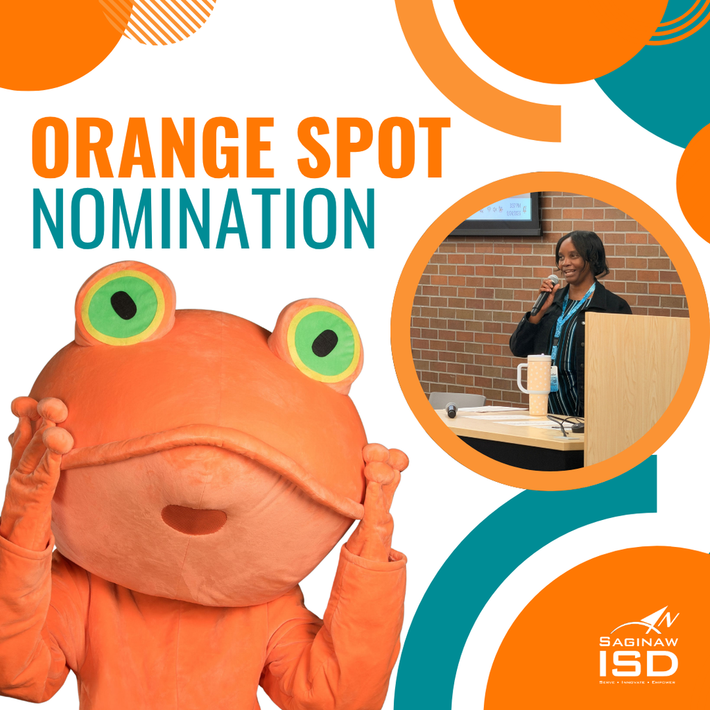 Orange mascot with large eyes and hands over head. Text reads "ORANGE SPOT NOMINATION". Inset shows woman speaking at podium.