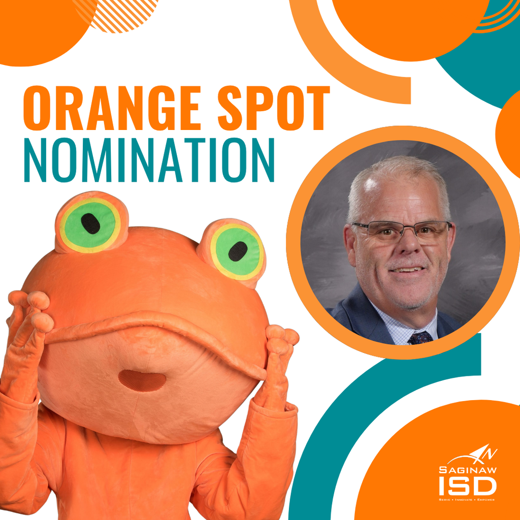 Poster for Orange Spot Nomination features a mascot with orange suit, green eyes, and open hands. Man in suit and glasses in a circle to right.