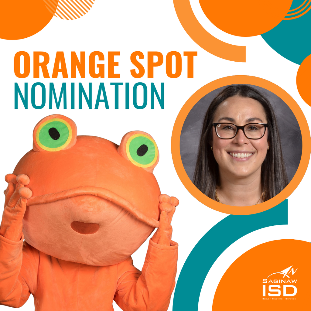 A mascot in an orange frog costume holding its hands to its cheeks. A smiling woman in glasses. Text: "Orange Spot Nomination".
