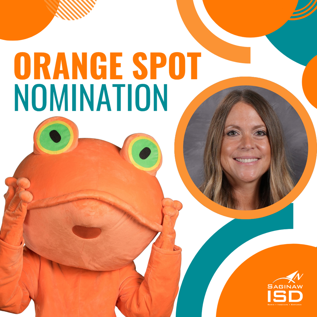 Graphic with mascot in orange and a smiling woman. Text reads "Orange Spot Nomination". Background is multicolored shapes.