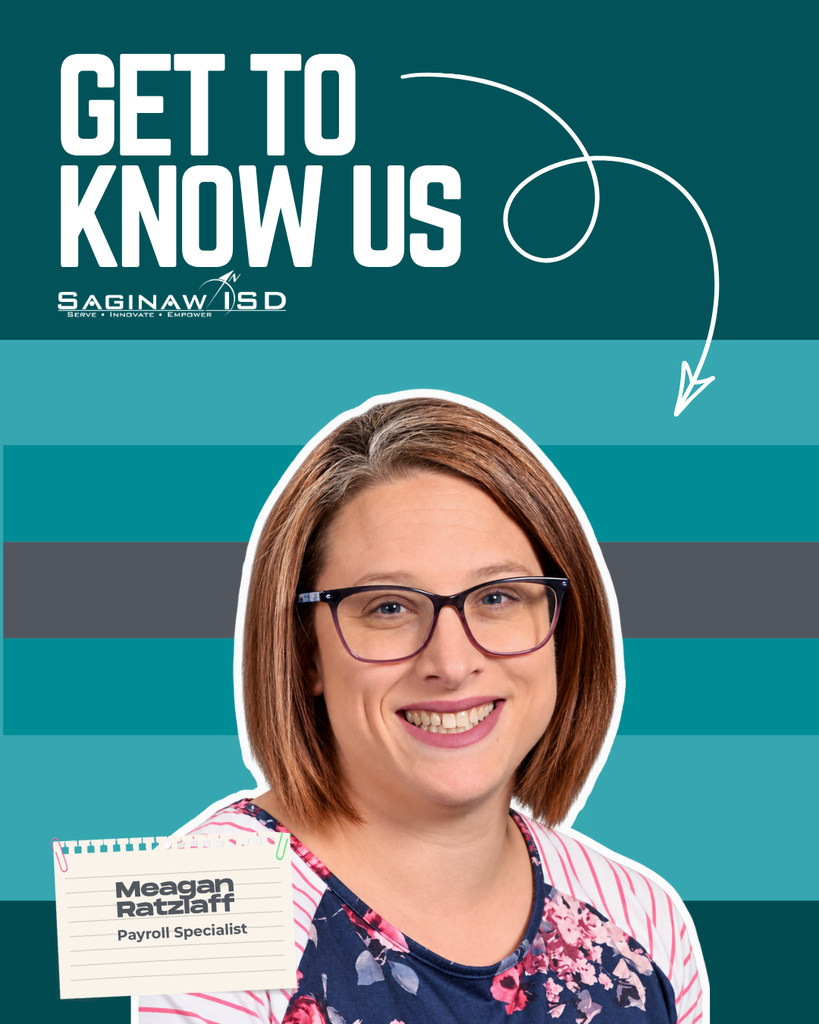 A smiling woman with glasses holds a card labeled "Meagan Ratzlaff Payroll Specialist" against a teal and gray background.