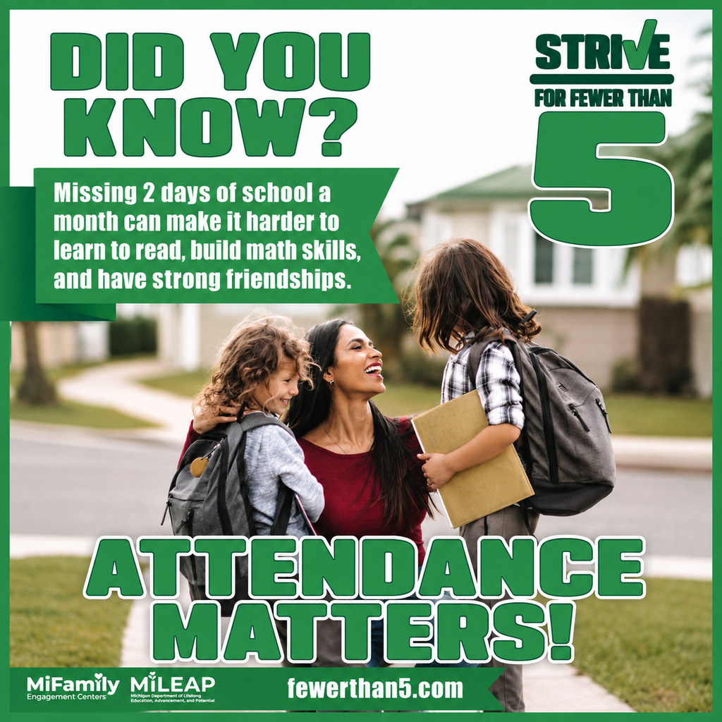 Poster with a family, including an adult woman and two children. It emphasizes the importance of school attendance.