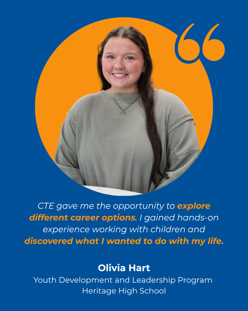 A woman smiling in a gray shirt, quote bubble with text about career exploration and hands-on experience.