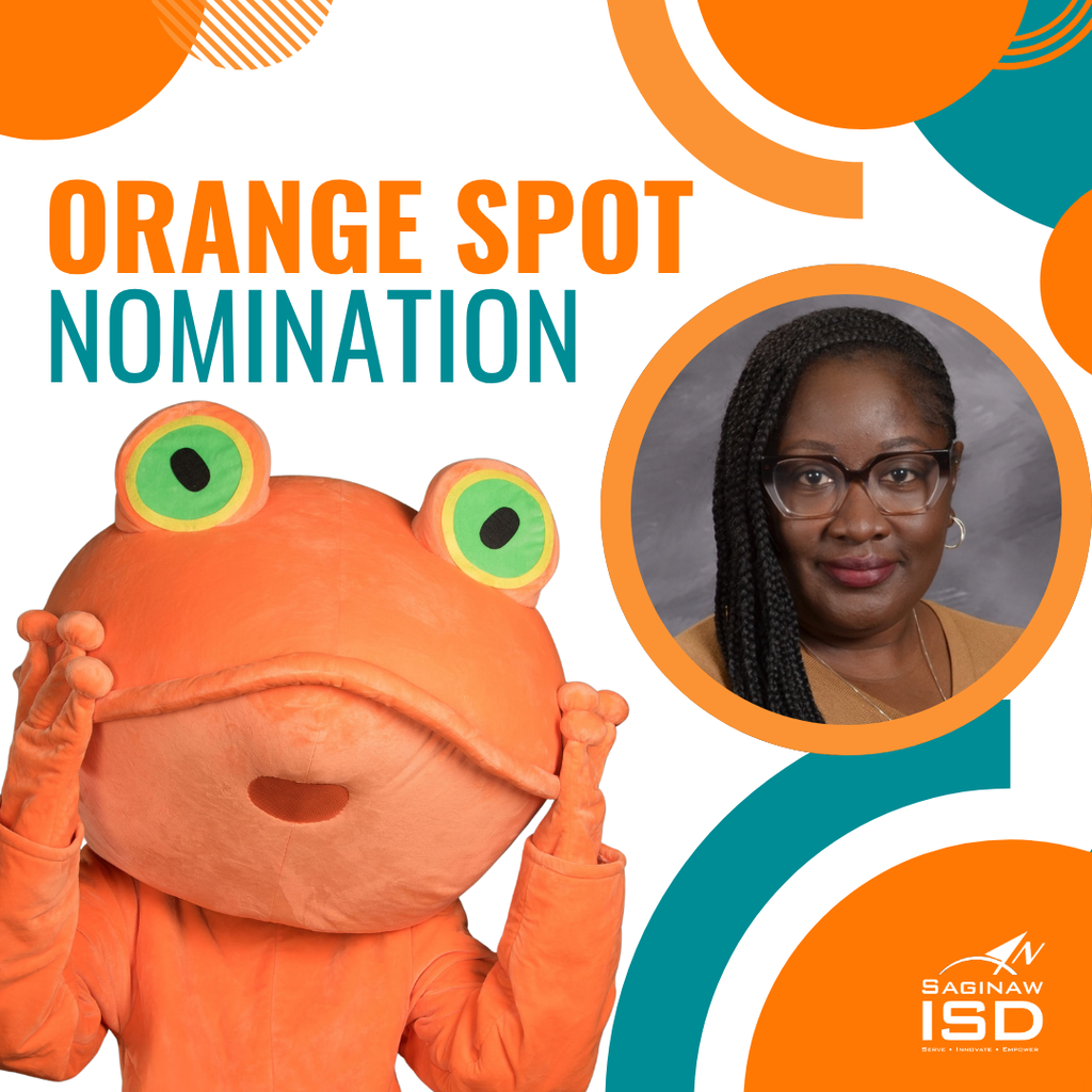 A mascot with big eyes holds its head. A woman with glasses is in a circle. Text reads "ORANGE SPOT NOMINATION."