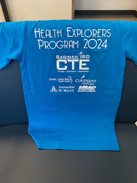 Healthcare Explorer Tshirt with sponsors including Sagniaw CTE, Covenant, Ascension St. Marys , MMR and Great Lakes Bay Health