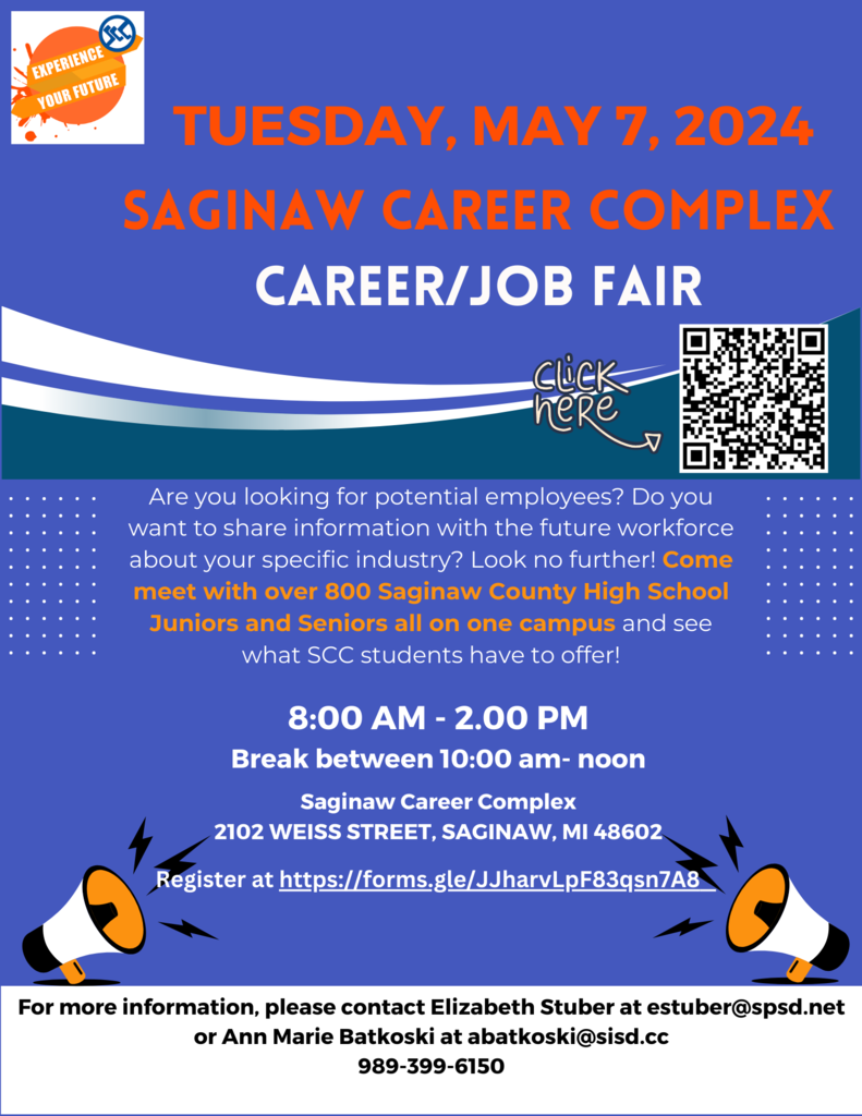 SCC Career/Job Fair flyer for event on May 7, 2024 from 8:00 am - 2:00 pm. Registration can occur by contact Ann Marie Batkoski at abatkoski@sisd.cc or Elizabeth Stuber at estuber@spsd.net.