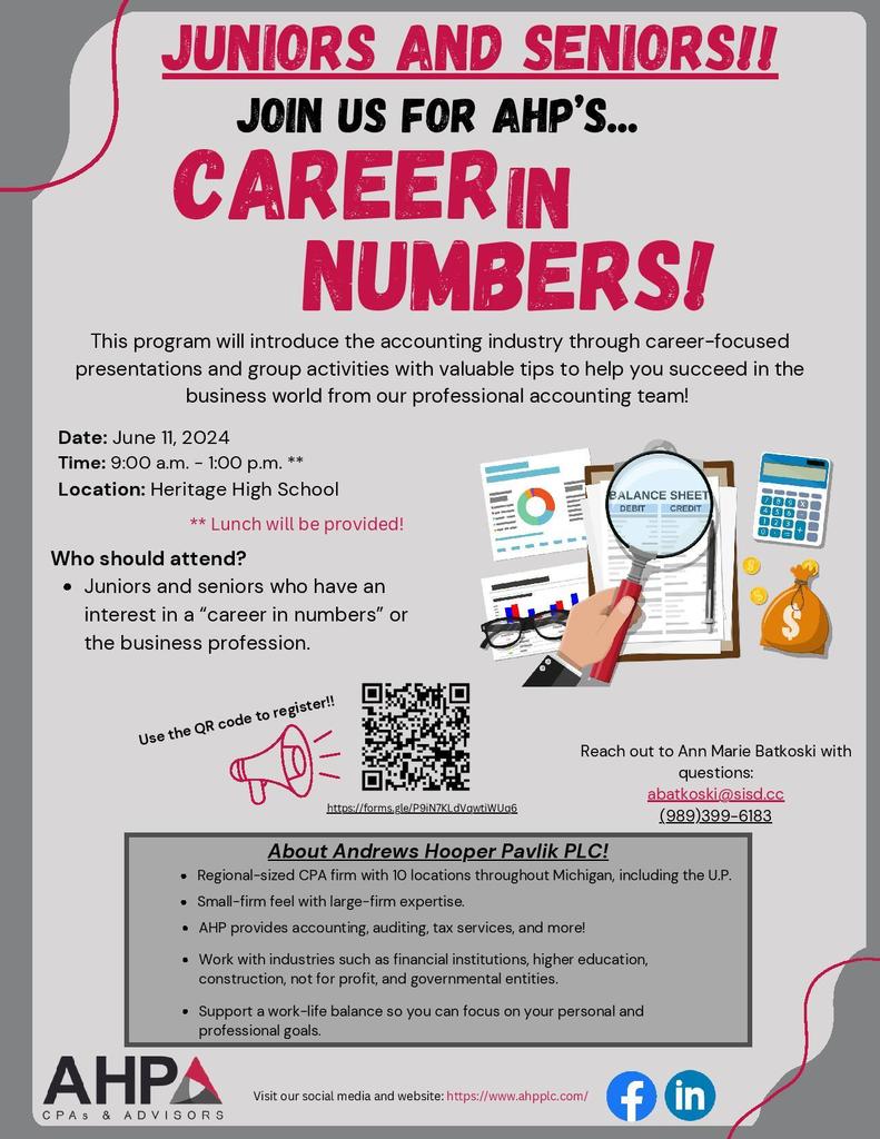 Career in Numbers Accounting Camp flyer sponsored by Andrews Hooper Pavlik on June 11, 2024 from 9:00 am - 1:00 pm with lunch included. Register by contacting Ann Marie Batkoski at abatkoski@sisd.cc