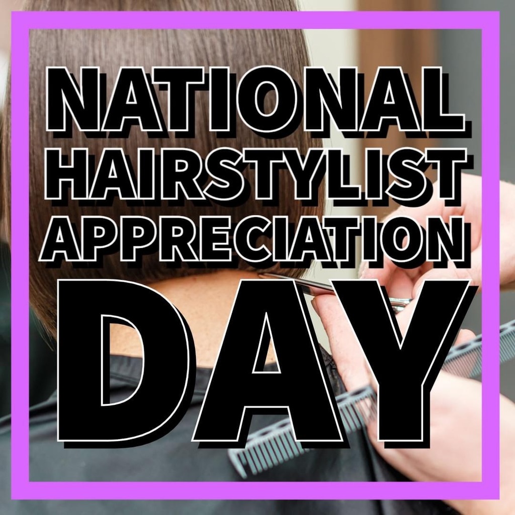 National Hairstylist Appreciation Day graphic with a person cutting hair using scissors and a comb on a short hair style with brown hair