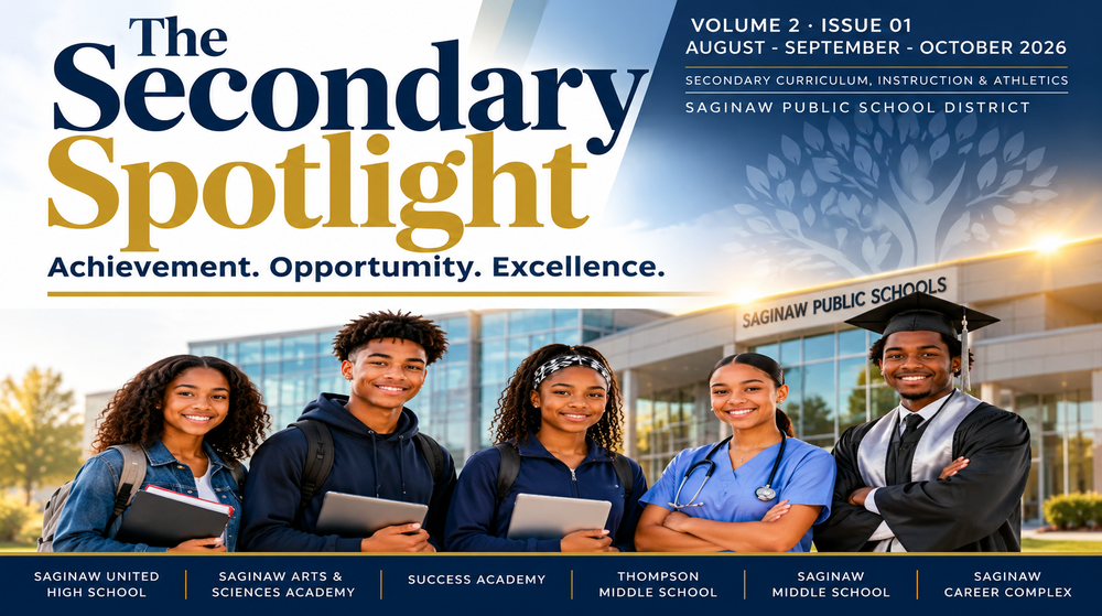The Secondary Spotlight, Saginaw Public School District secondary education newsletter, featuring students representing academics, career pathways, and graduation.