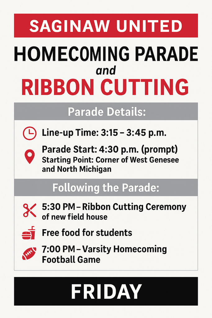 Flyer announcing parade for Saginaw United High School