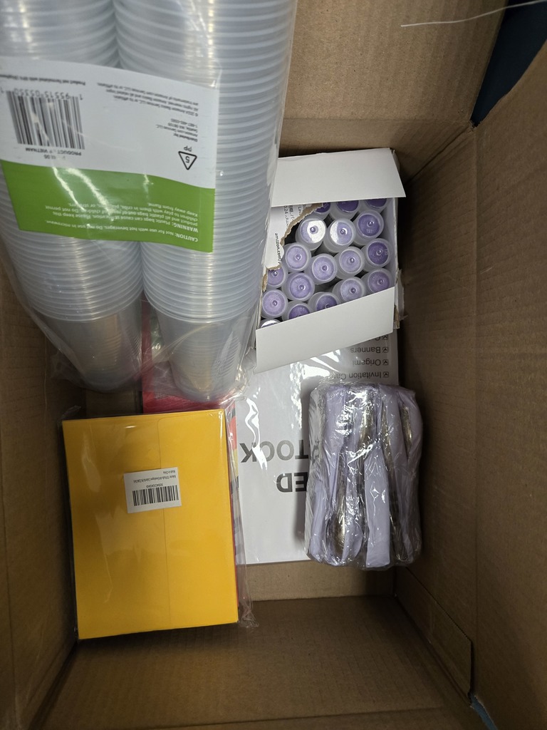 glue sticks, envelopes, cups, & hole punches