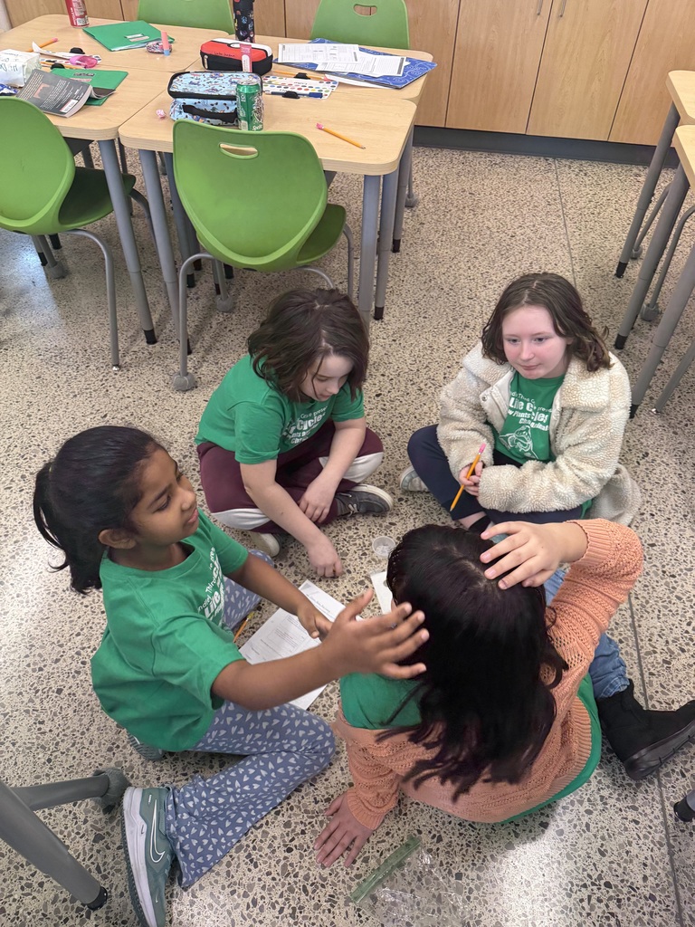 4 students sitting on floor. 1 touching their hair & another also touching that child's hair