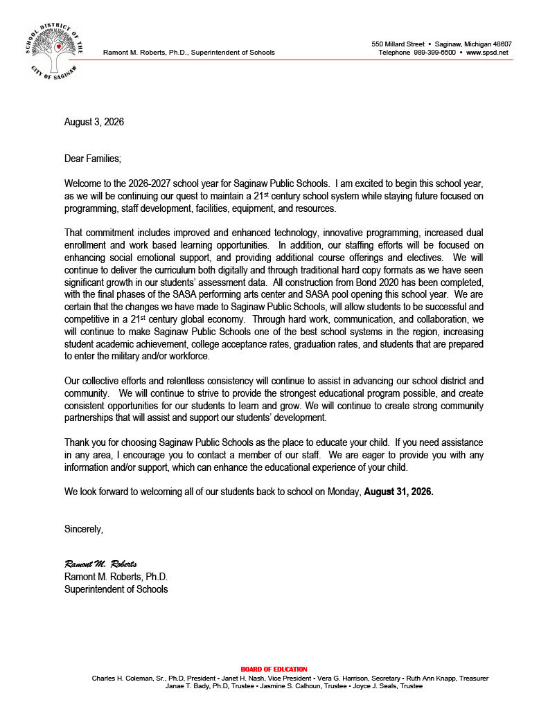 Opening Letter Saginaw Public Schools Image