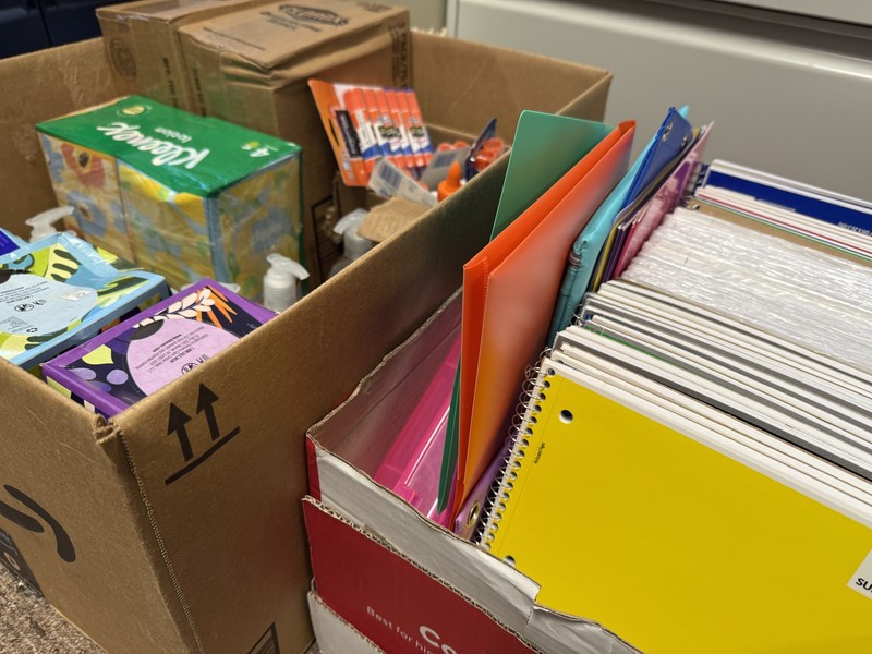 Boxes of donations for classrooms