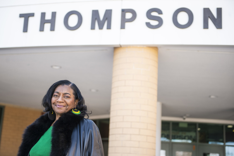 Mattie Thompson in front of Thompson Middle School