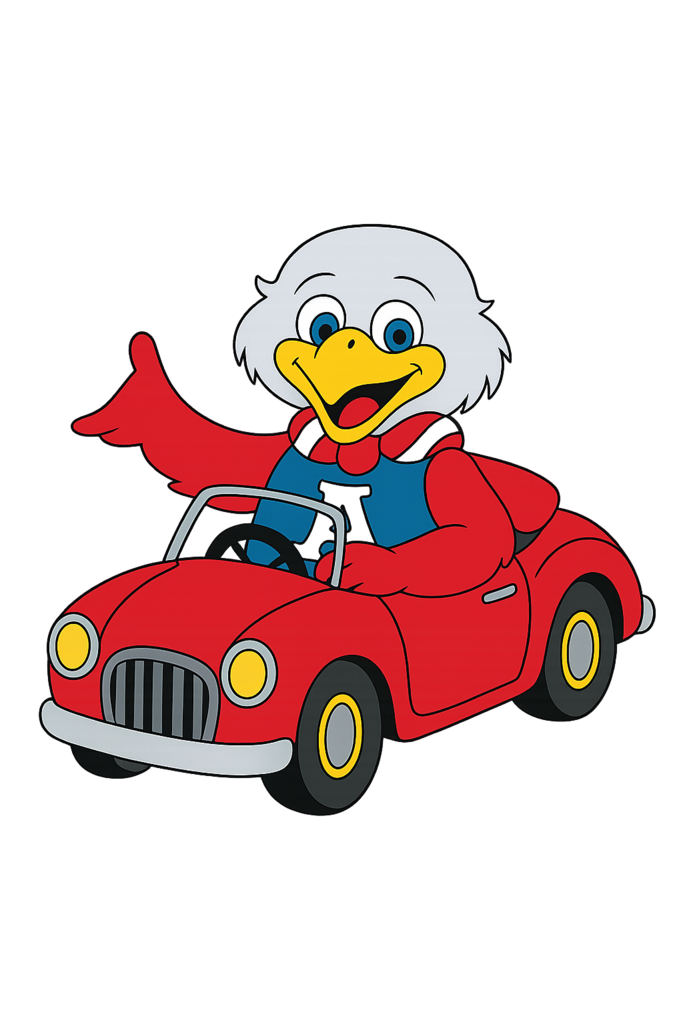 sparky the eagle driving a car