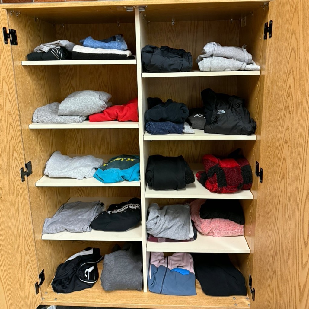 folded sweaters on shelves in cabinet