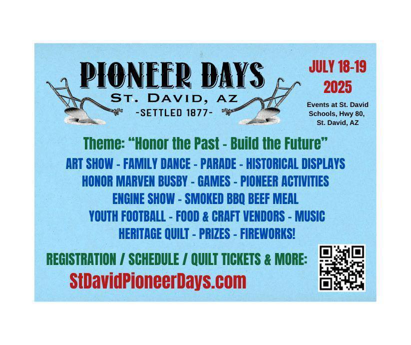 July 18-19, 2025 Theme: Honor the Past - Build the Future Art show, family dance, parade, historical displays, honor marven busby, games, pioneer activities, engine show, smoked bbq beef meal, youth football, food & craft vendors, music, heritage quit, prizes, fireworks. more on StDavidPioneerdays.com