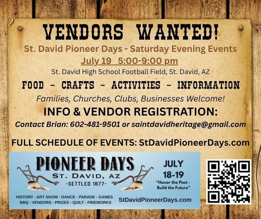 Vendors wanted for Saturday evening events July 19 5:00-9:00 pm st david high school football field