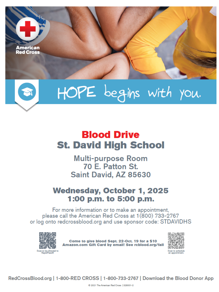 Hope begins with you Blood Drive St. David High School Multipurpose Room 70 E Patton St
