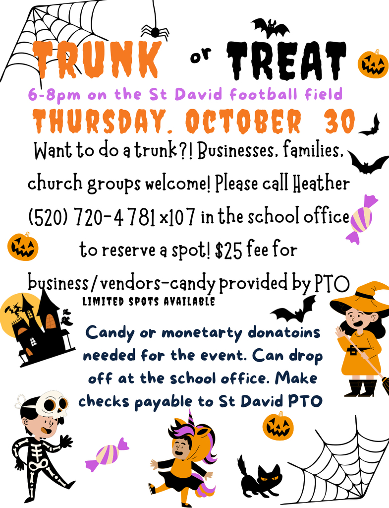 Trunk or treat thursday october 30. want to do a trunk? businesses families church groups welcome.  please call heather in the school office to reserve a spot. $25 fee for business/vendors- candy provided by PTO limited spots available