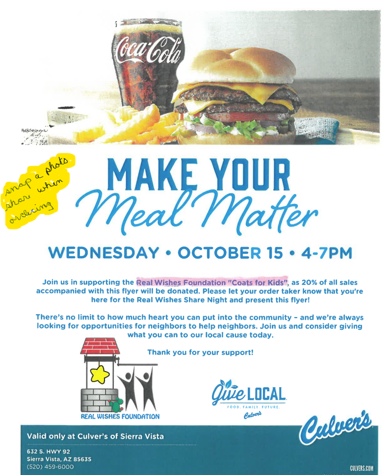 Make your meal matter Wed Oct 15 4-7 pm snap a photo share when ordering Sierra Vista location