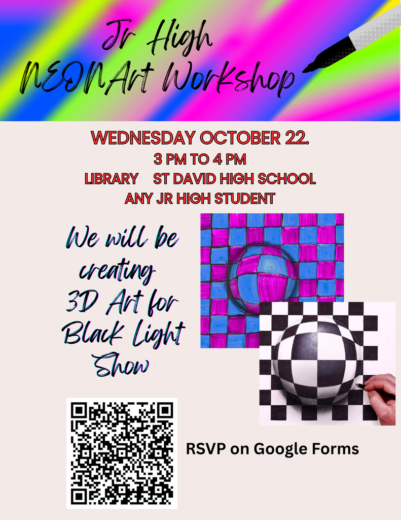 Jr. High NEON Art Workshop Wed Oct 22 3 to 4 pm in the library. RSVP on Google Forms