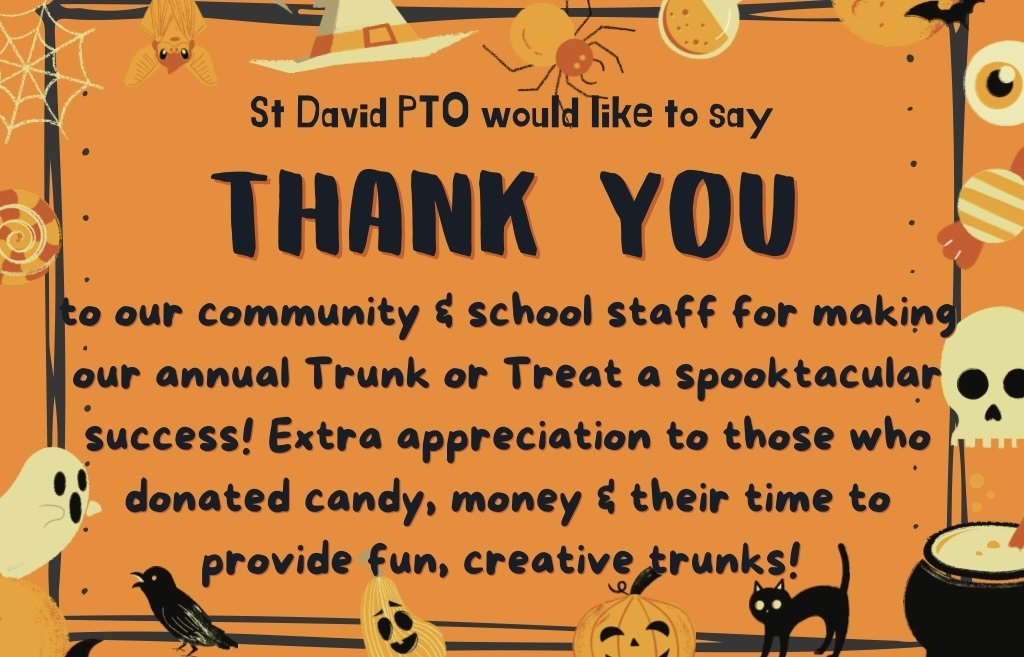 The PTO would like to say Thank You to our community & school staff for making our annual Trunk or Treat a spooktacular success! Extra appreciation to those who donated candy, money & their time to provide fun, creative trunks!